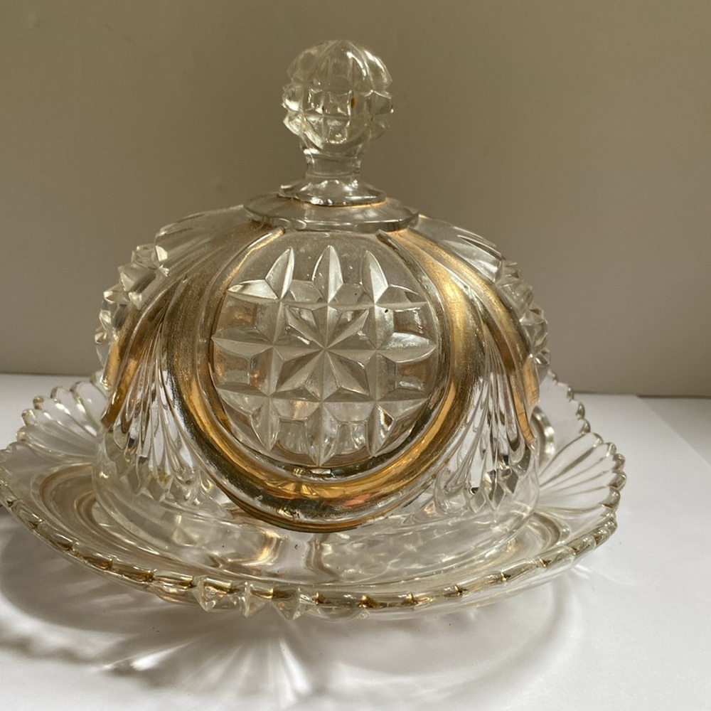 Vintage heavy cut glass covered fish. Gold gold trim